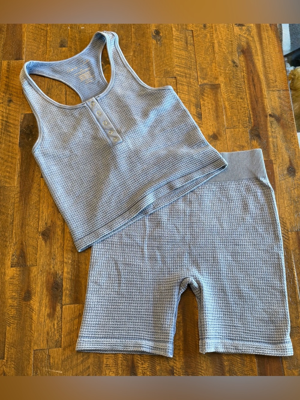 Gypsy & Jade Two Piece Lounge Set - Blue Waffle Tank and Biker Shorts - L/XL